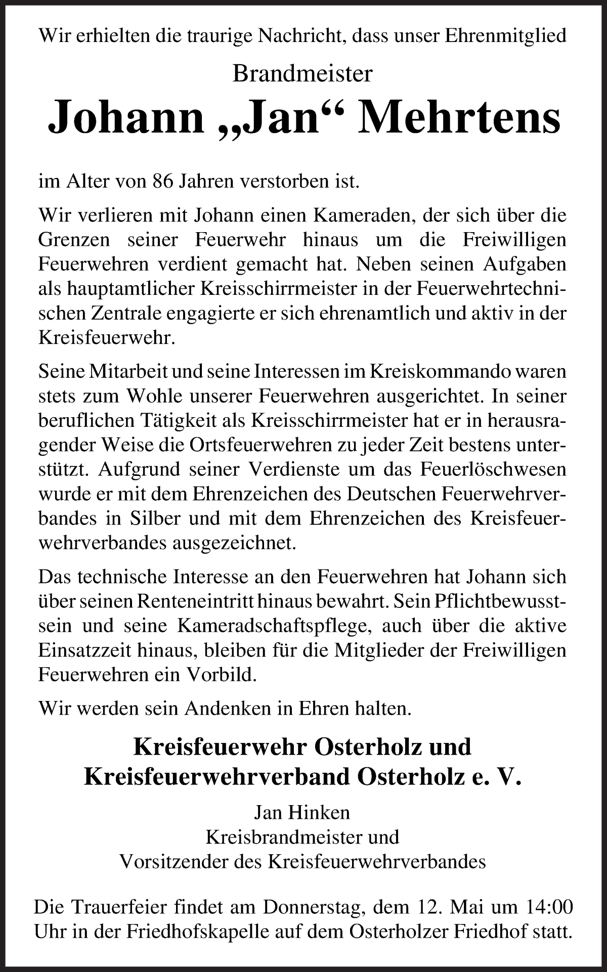 Traueranzeige von Johann Mehrtens von Osterholzer Kreisblatt