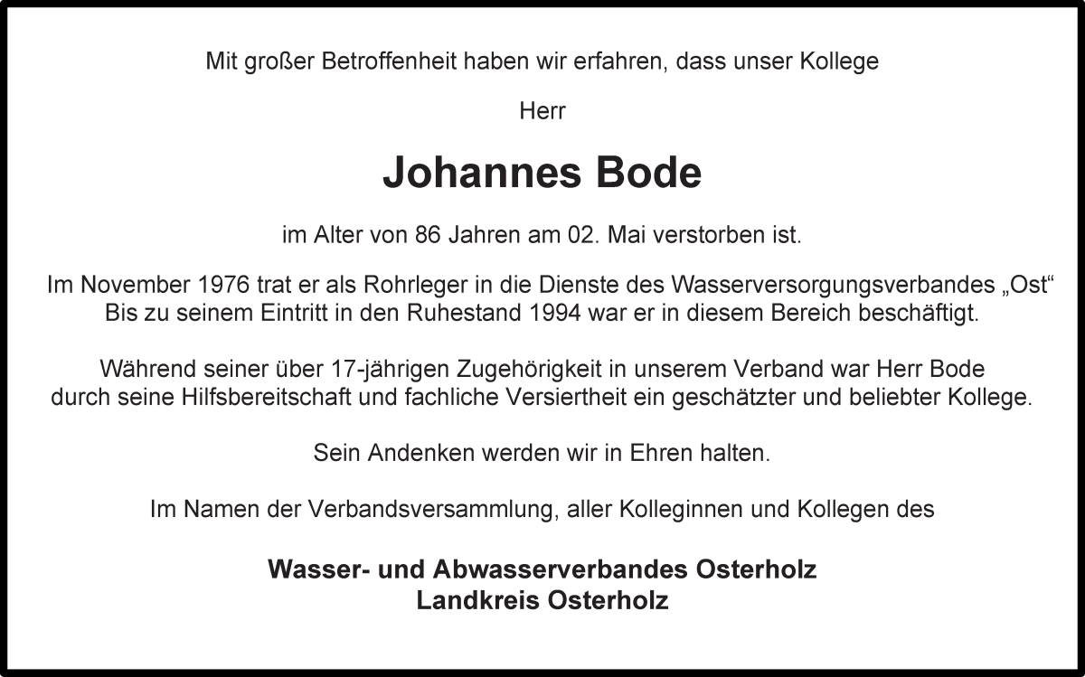  Traueranzeige für Johannes Bode vom 07.05.2022 aus Wuemme Zeitung