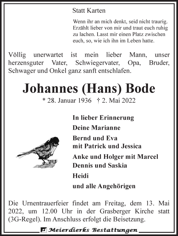 Traueranzeige von Johannes Bode von Wuemme Zeitung