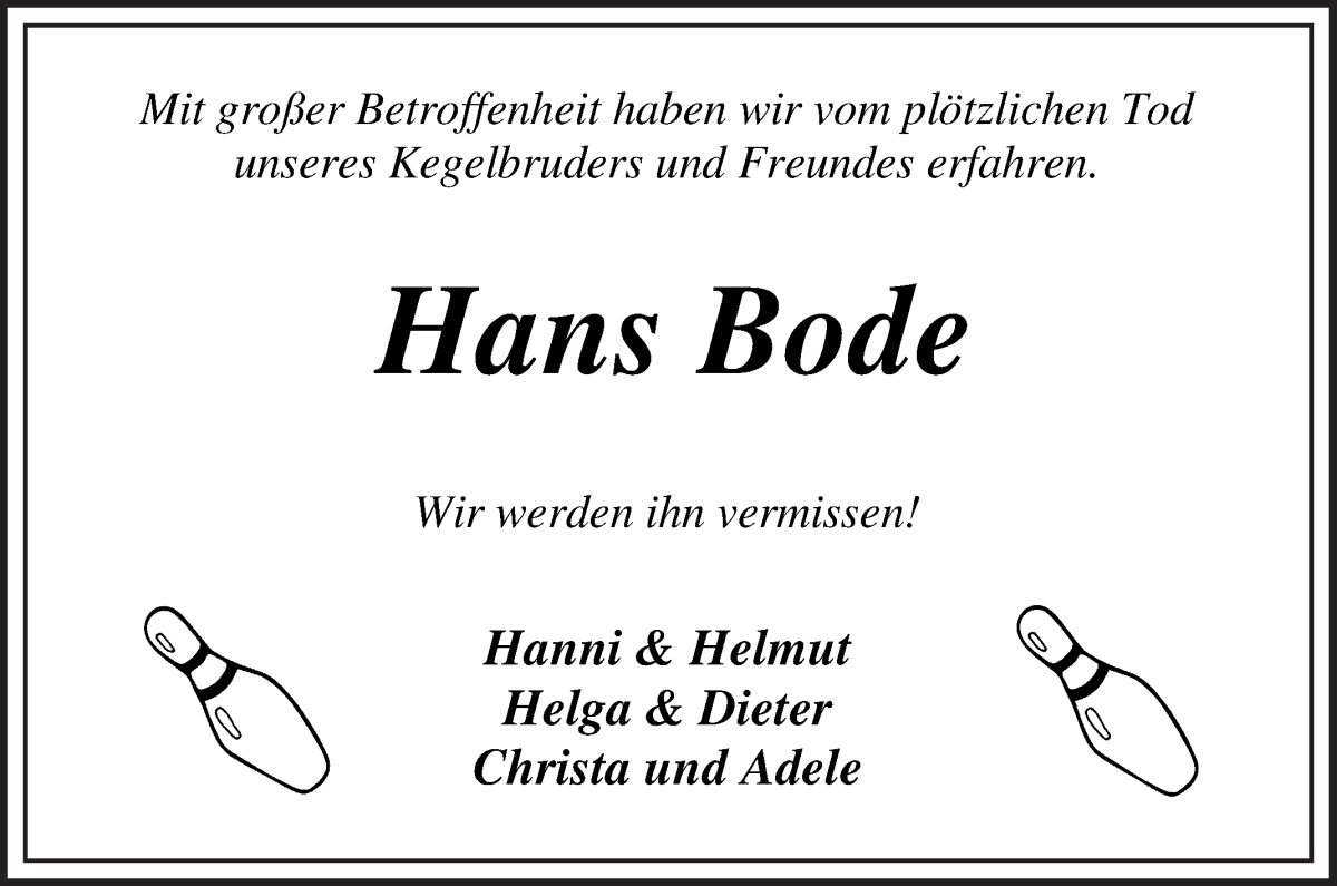  Traueranzeige für Johannes Bode vom 07.05.2022 aus Wuemme Zeitung