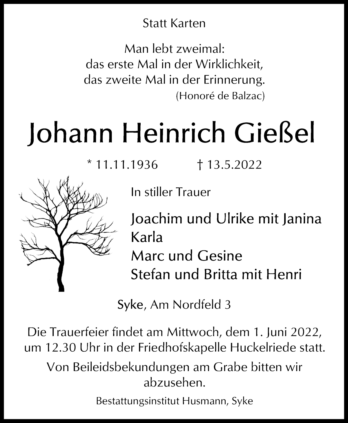  Traueranzeige für Johann Heinrich Gießel vom 21.05.2022 aus WESER-KURIER