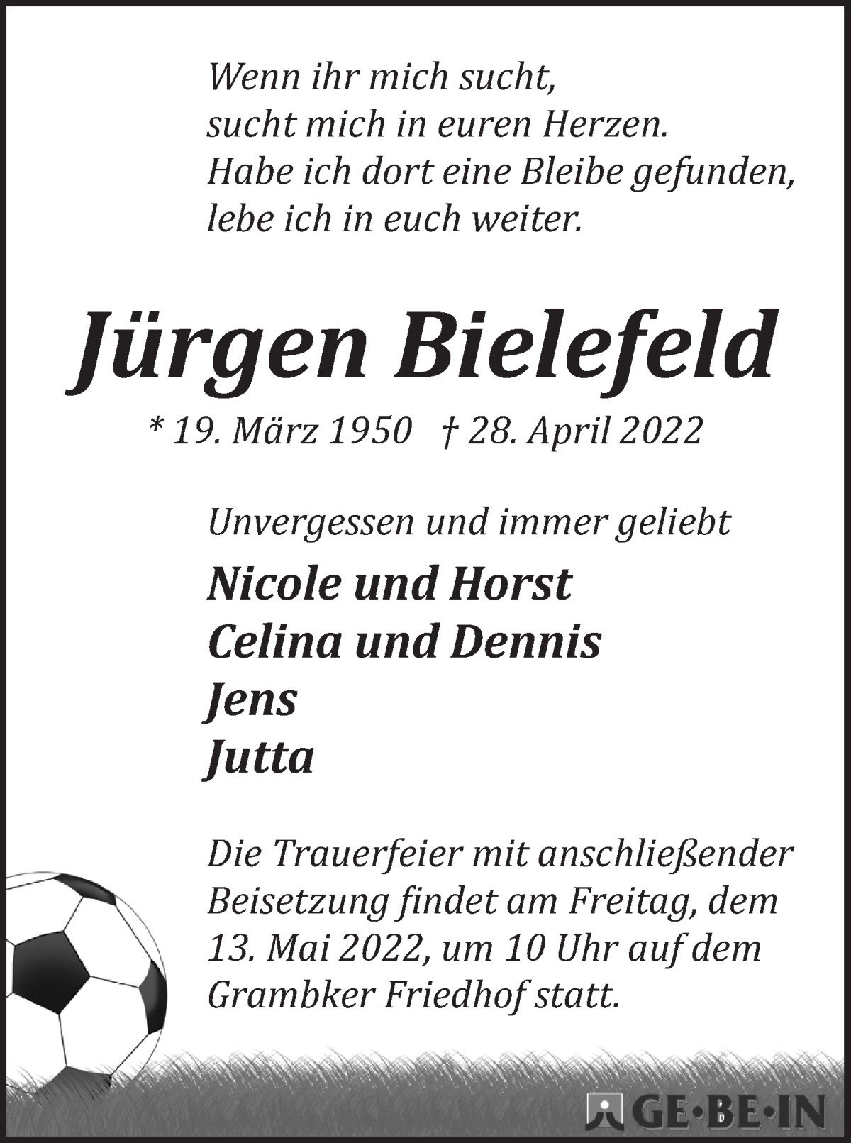  Traueranzeige für Jürgen Bielefeld vom 07.05.2022 aus WESER-KURIER