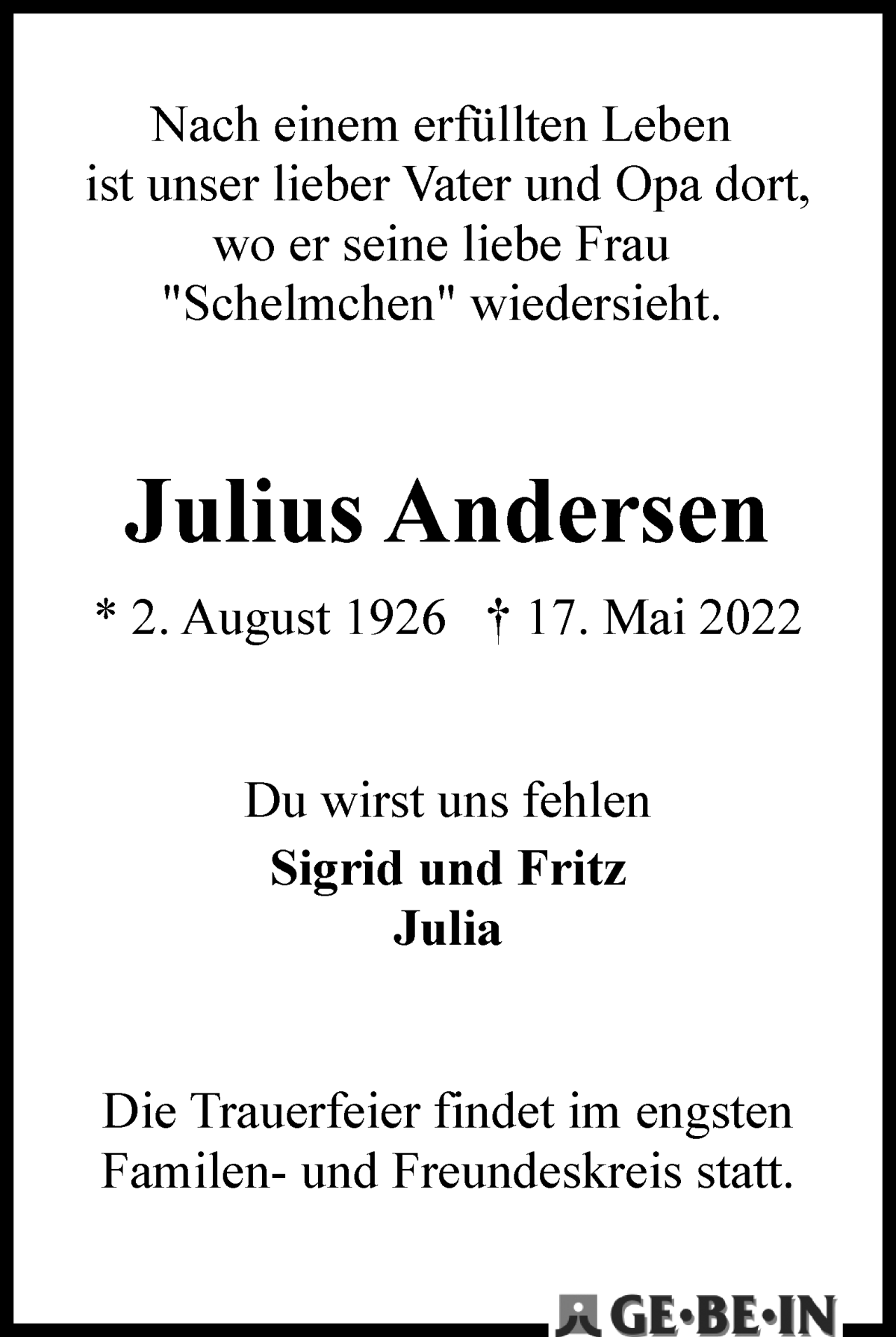  Traueranzeige für Julius Andersen vom 21.05.2022 aus WESER-KURIER