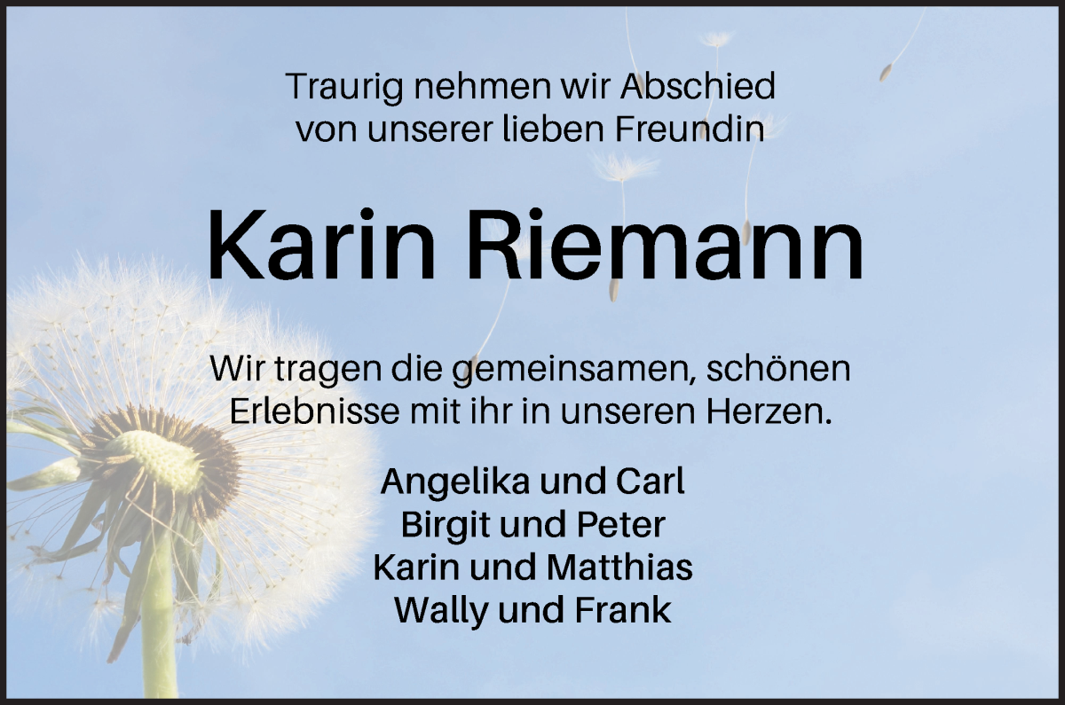 Traueranzeige von Karin Riemann von Wuemme Zeitung