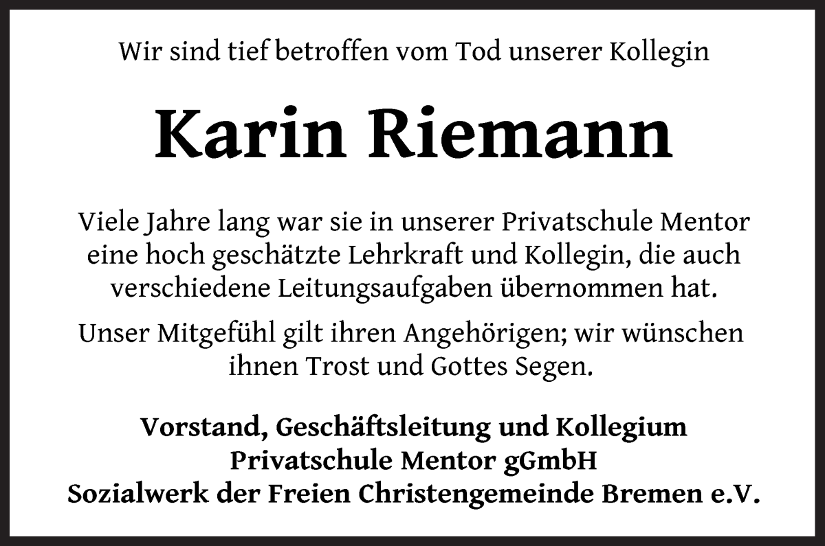 Traueranzeige von Karin Riemann von WESER-KURIER