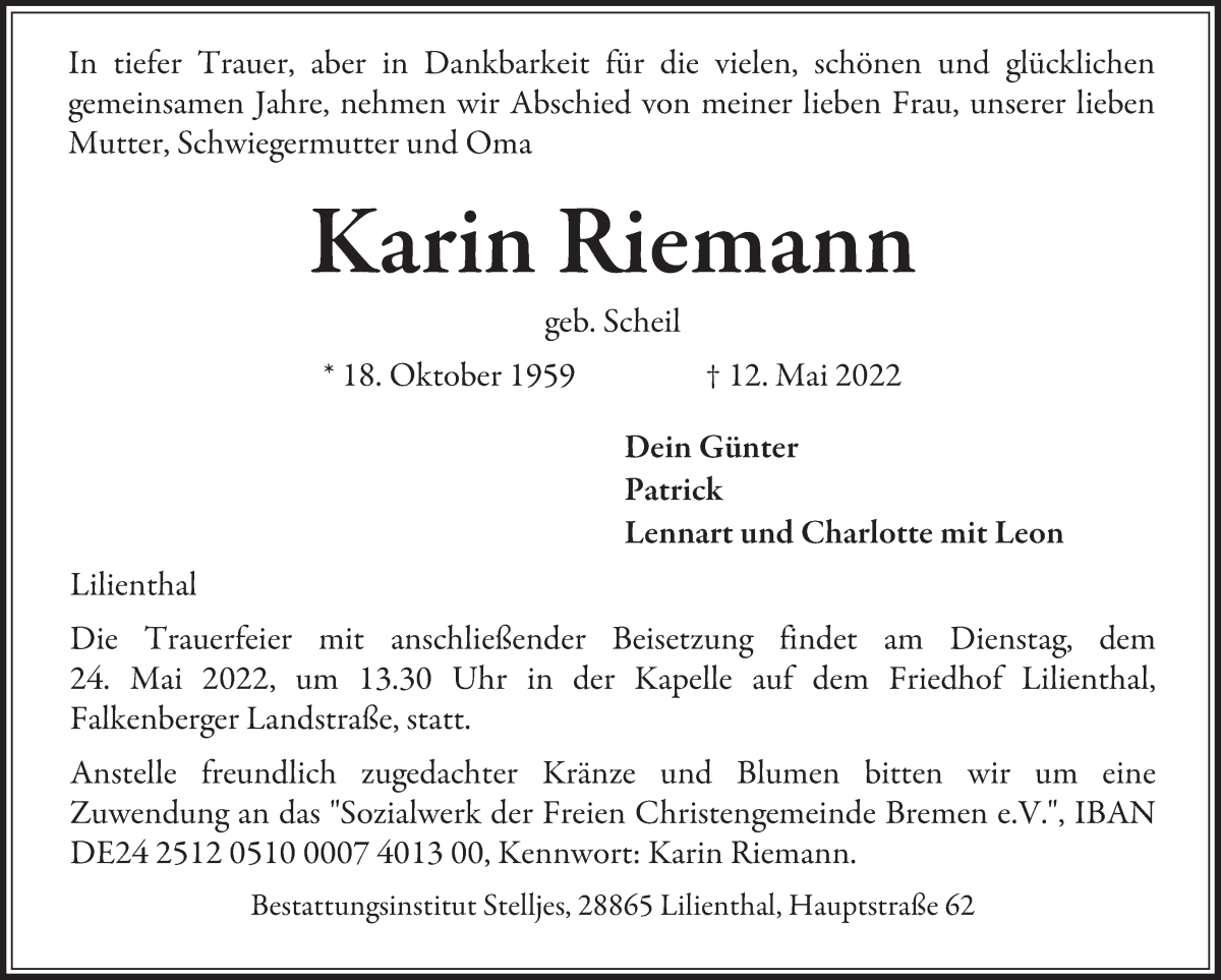 Traueranzeige von Karin Riemann von Wuemme Zeitung