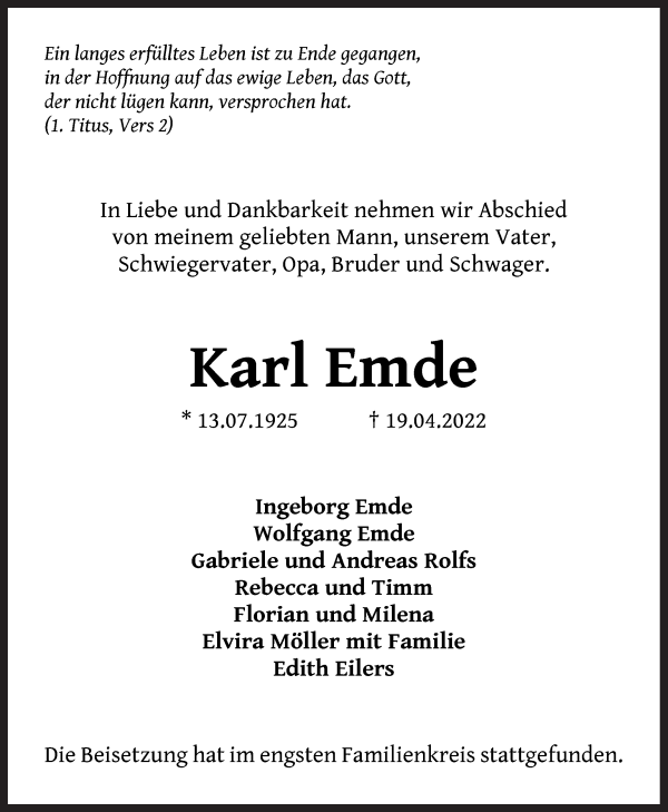 Traueranzeige von Karl Emde von Die Norddeutsche