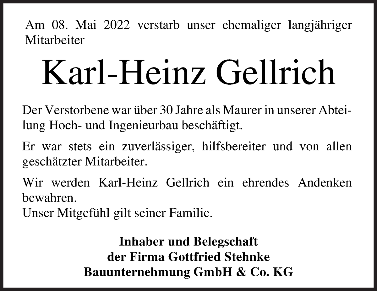  Traueranzeige für Karl-Heinz Gellrich vom 13.05.2022 aus Osterholzer Kreisblatt
