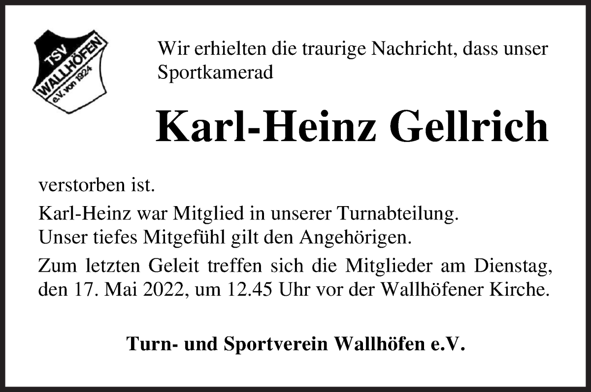 Traueranzeige von Karl-Heinz Gellrich von Osterholzer Kreisblatt