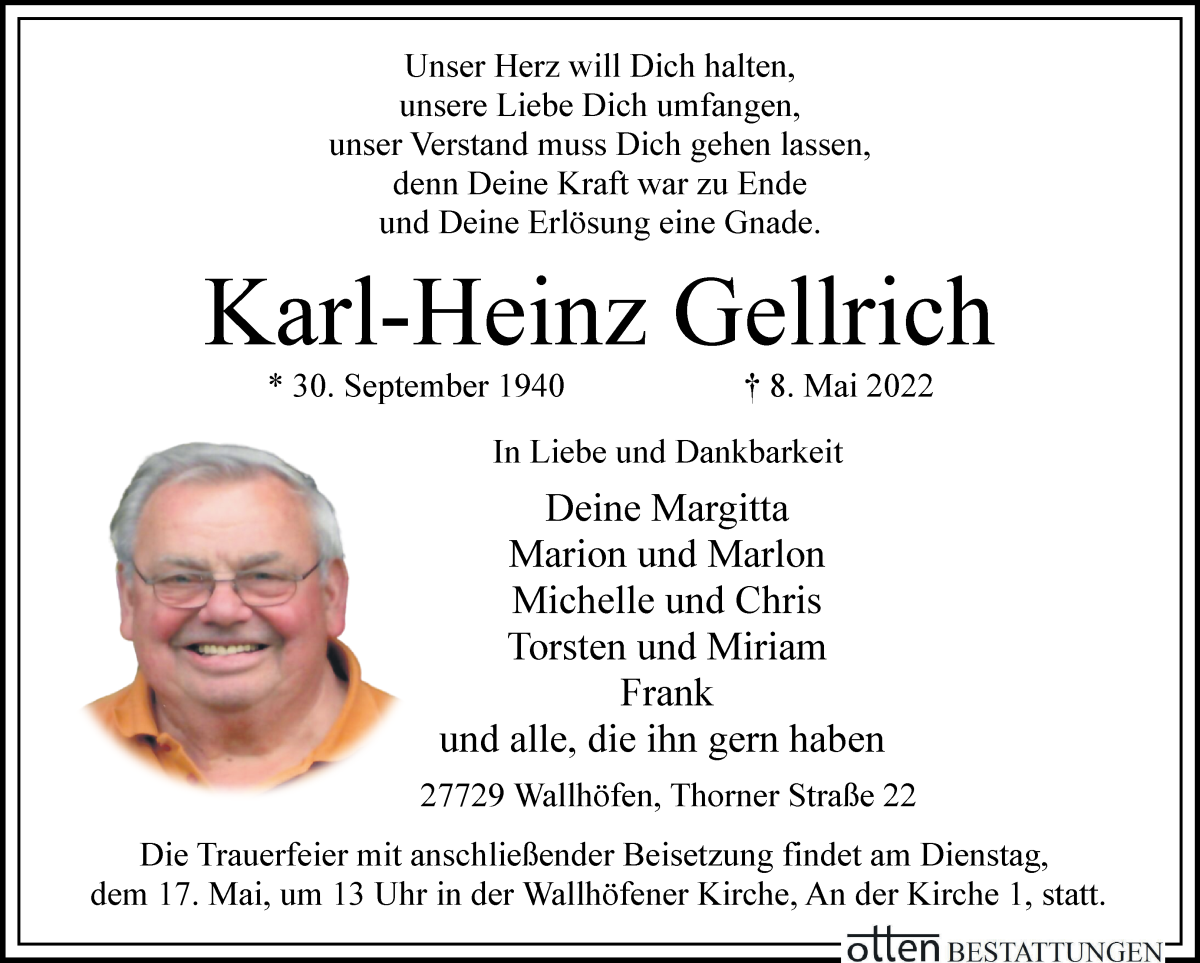  Traueranzeige für Karl-Heinz Gellrich vom 12.05.2022 aus Osterholzer Kreisblatt