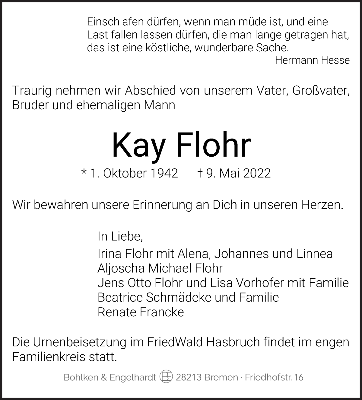  Traueranzeige für Kay Flohr vom 14.05.2022 aus WESER-KURIER