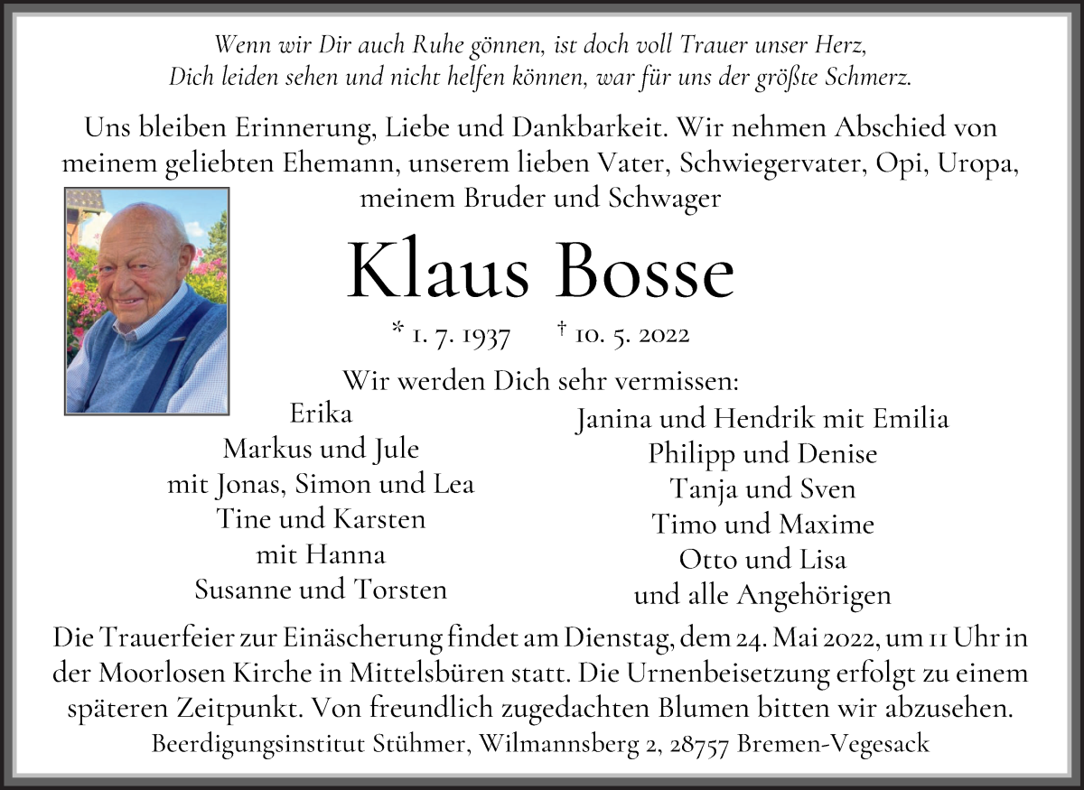 Traueranzeige von Klaus Bosse von Die Norddeutsche