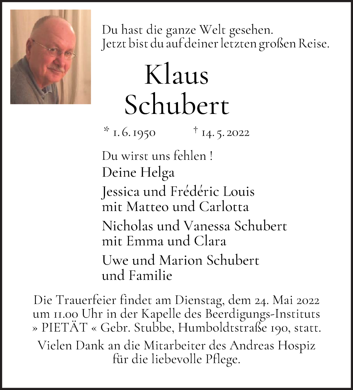  Traueranzeige für Klaus-Dieter Schubert vom 21.05.2022 aus WESER-KURIER