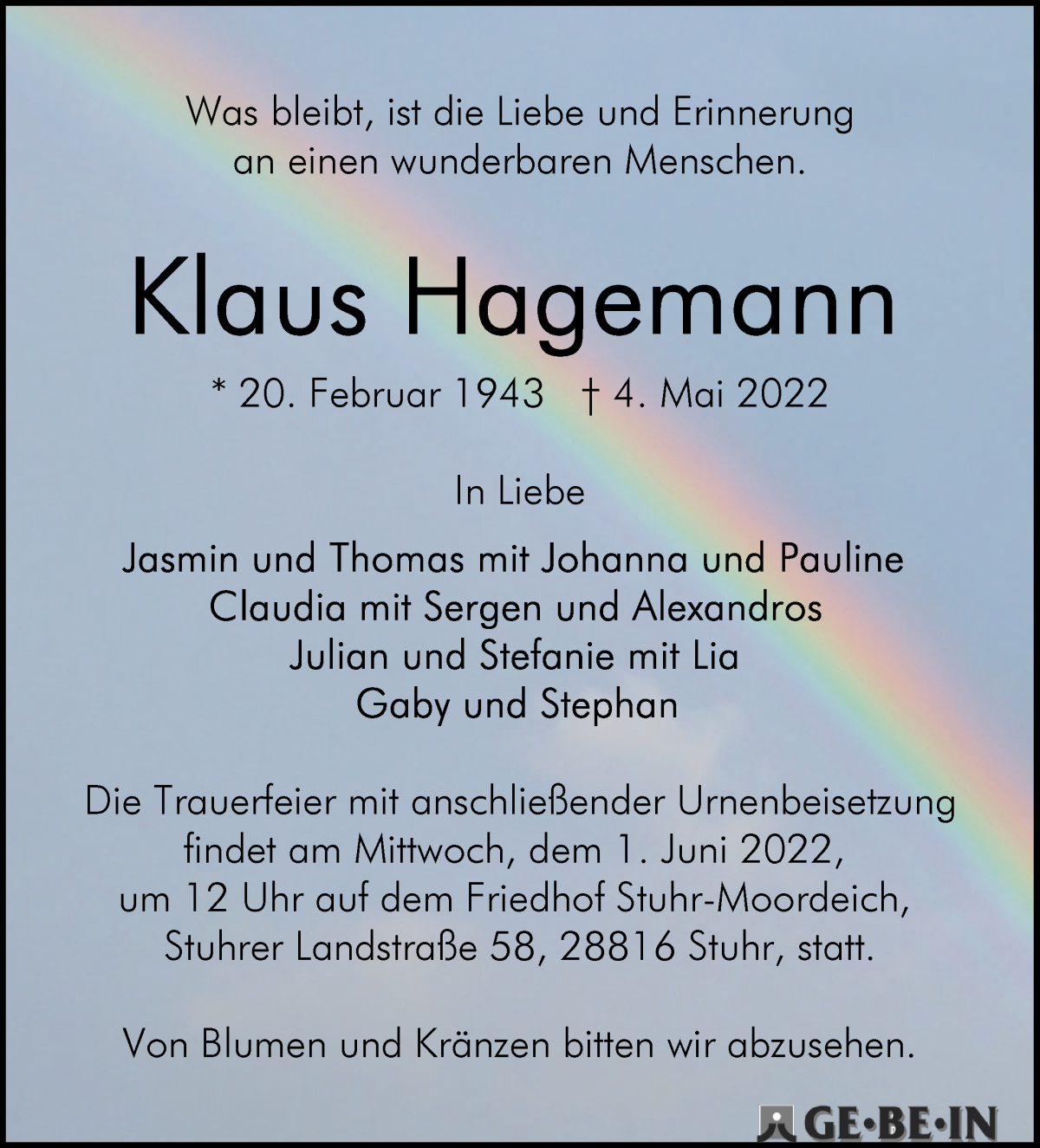  Traueranzeige für Klaus Hagemann vom 21.05.2022 aus WESER-KURIER