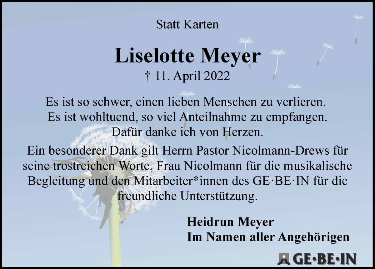 Traueranzeige von Liselotte Meyer von WESER-KURIER