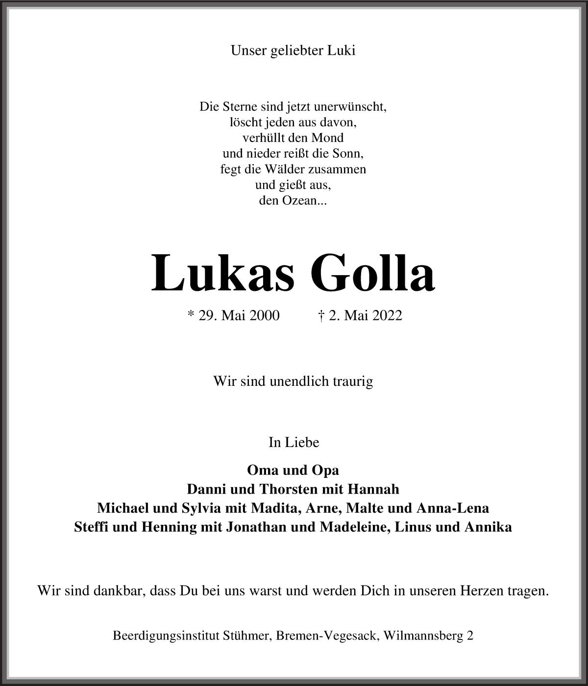  Traueranzeige für Lukas Golla vom 07.05.2022 aus Die Norddeutsche