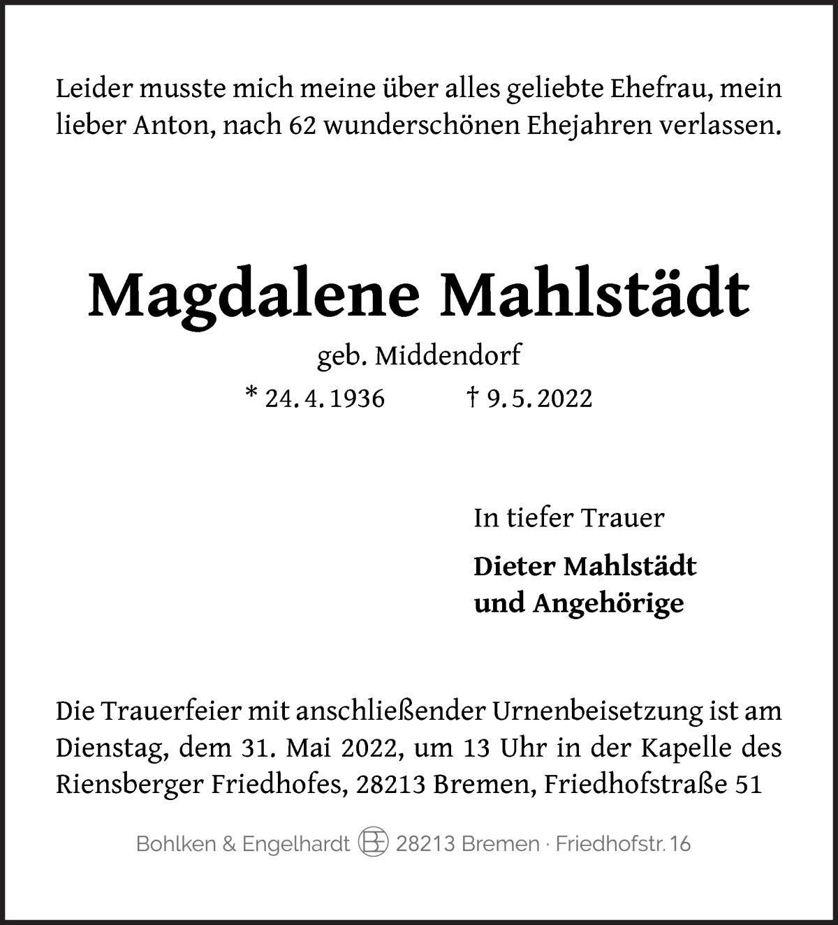  Traueranzeige für Magdalene Mahlstädt vom 14.05.2022 aus WESER-KURIER