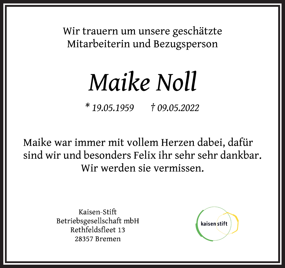  Traueranzeige für Maike Noll vom 18.05.2022 aus WESER-KURIER
