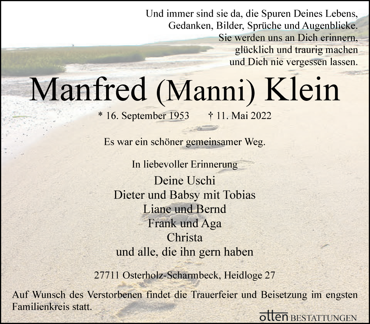  Traueranzeige für Manfred Klein vom 18.05.2022 aus Osterholzer Kreisblatt
