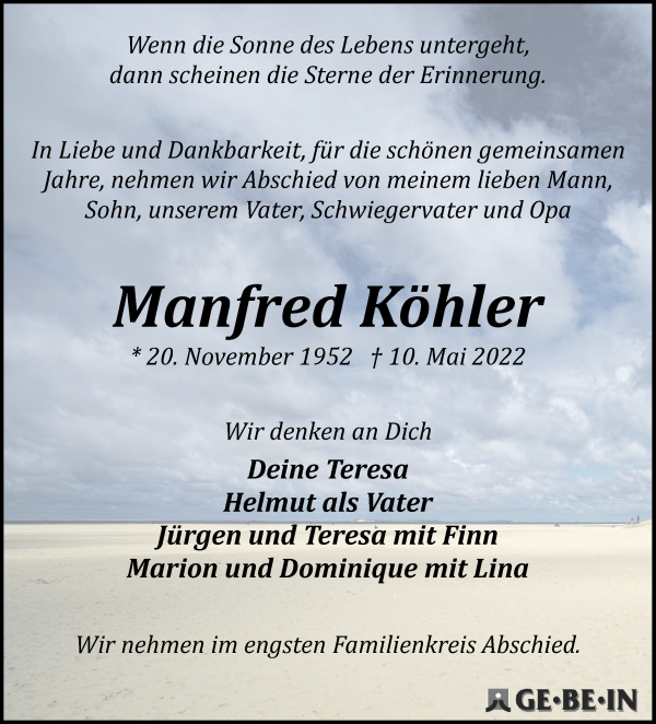 Traueranzeige von Manfred Köhler von WESER-KURIER