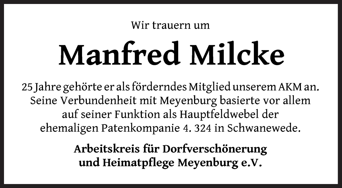  Traueranzeige für Manfred Milcke vom 21.05.2022 aus Die Norddeutsche