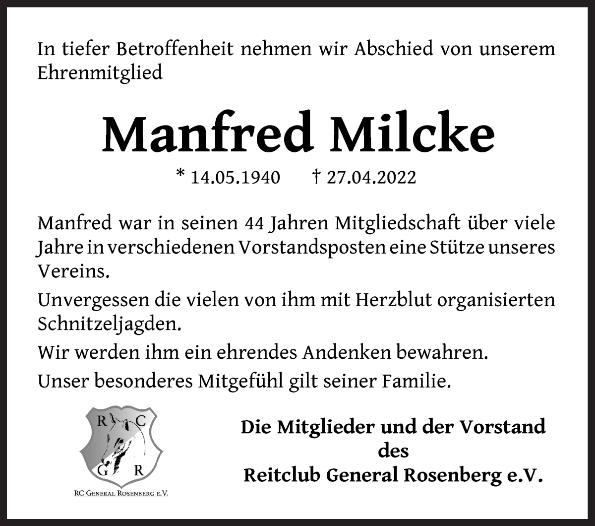 Traueranzeige von Manfred Milcke von Die Norddeutsche