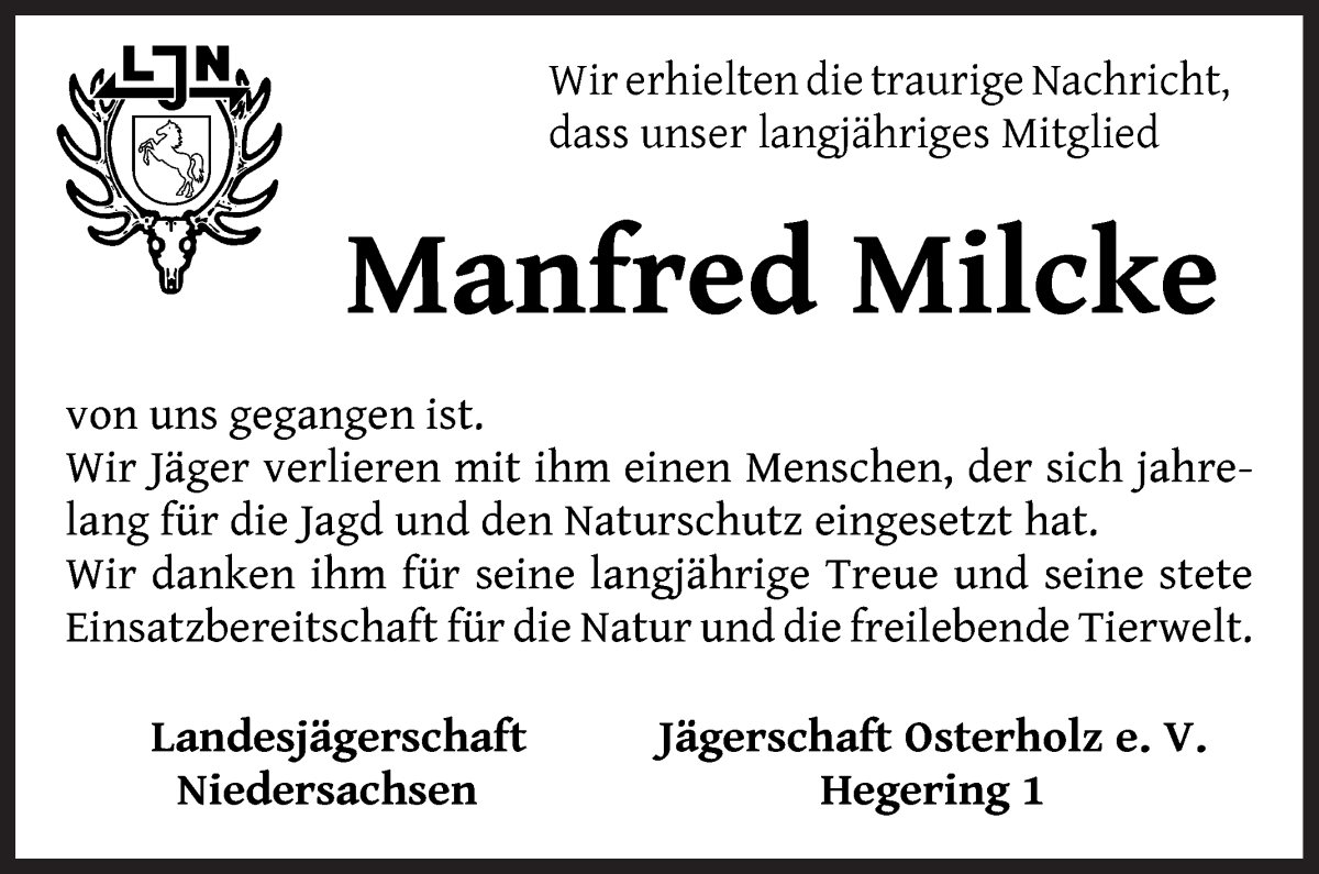  Traueranzeige für Manfred Milcke vom 21.05.2022 aus Die Norddeutsche