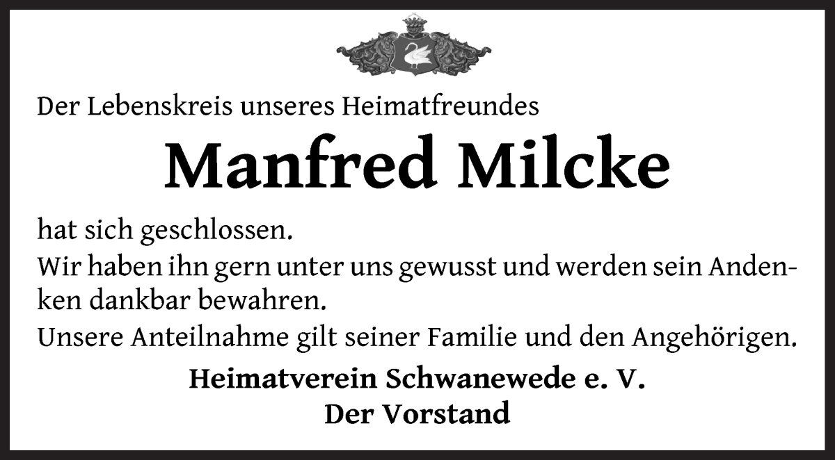 Traueranzeige von Manfred Milcke von Die Norddeutsche