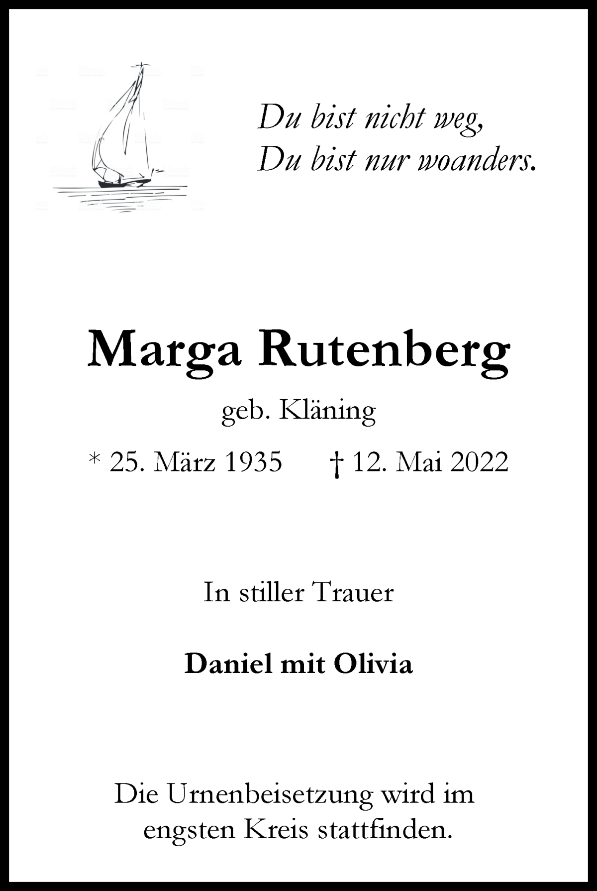 Traueranzeige von Marga Rutenberg von WESER-KURIER