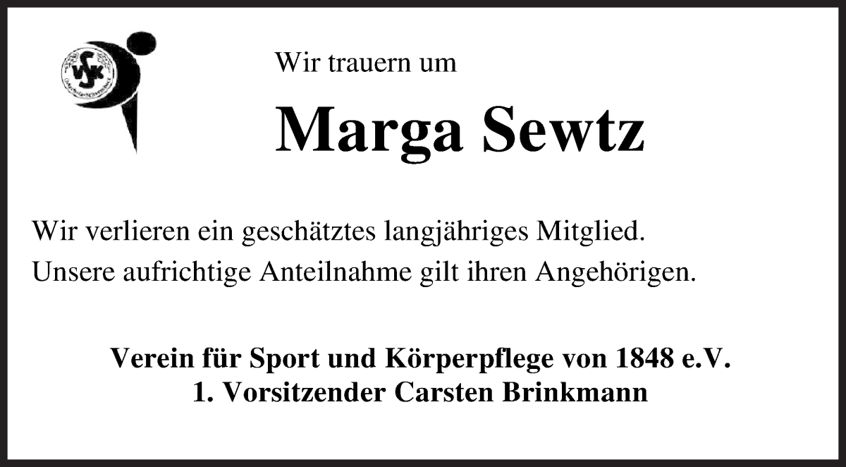 Traueranzeige von Marga Sewtz von Osterholzer Kreisblatt