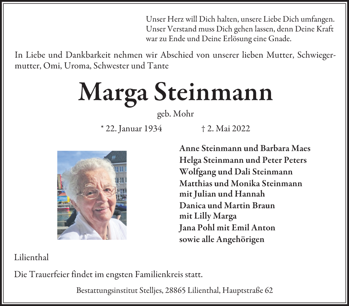 Traueranzeige von Marga Steinmann von Wuemme Zeitung