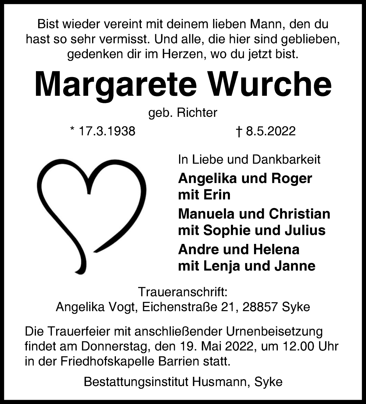  Traueranzeige für Margarete Wurche vom 14.05.2022 aus WESER-KURIER
