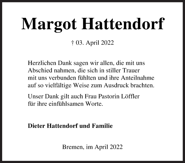 Traueranzeige von Margot Hattendorf