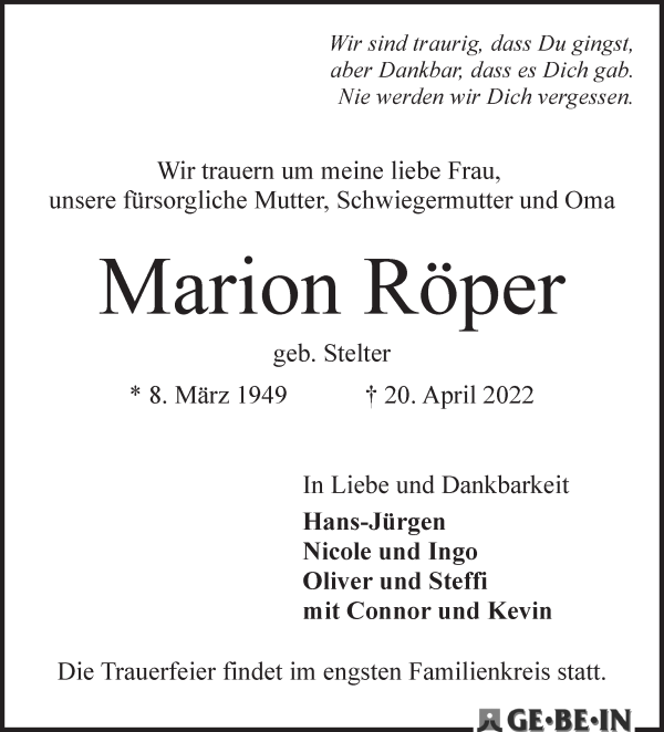 Traueranzeige von Marion Röper von WESER-KURIER