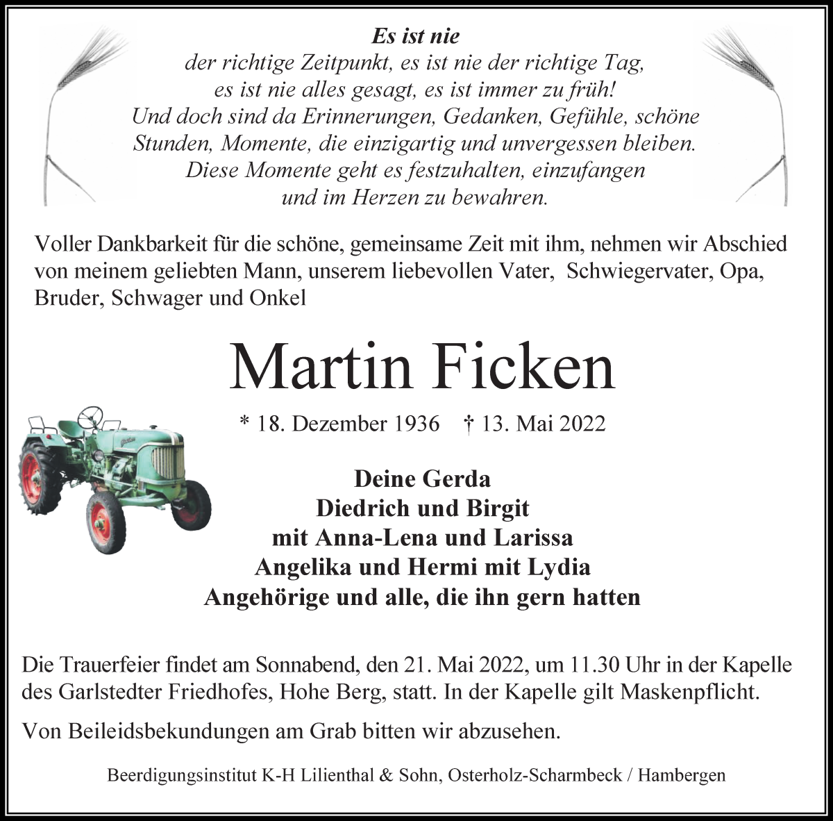  Traueranzeige für Martin Ficken vom 17.05.2022 aus Osterholzer Kreisblatt