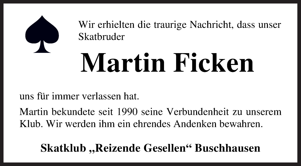  Traueranzeige für Martin Ficken vom 18.05.2022 aus Osterholzer Kreisblatt
