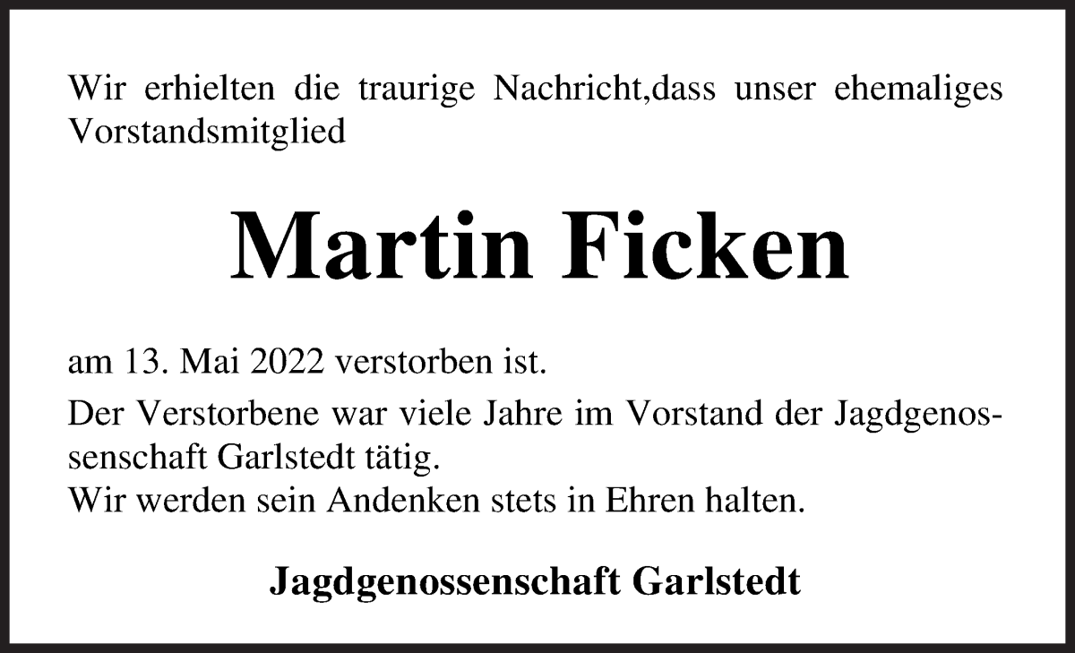  Traueranzeige für Martin Ficken vom 19.05.2022 aus Osterholzer Kreisblatt