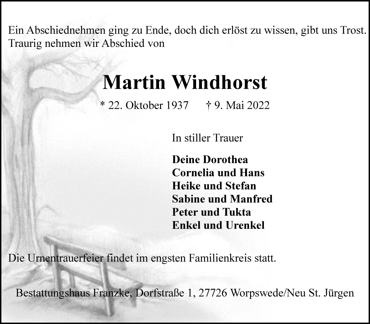  Traueranzeige für Martin Windhorst vom 13.05.2022 aus Osterholzer Kreisblatt