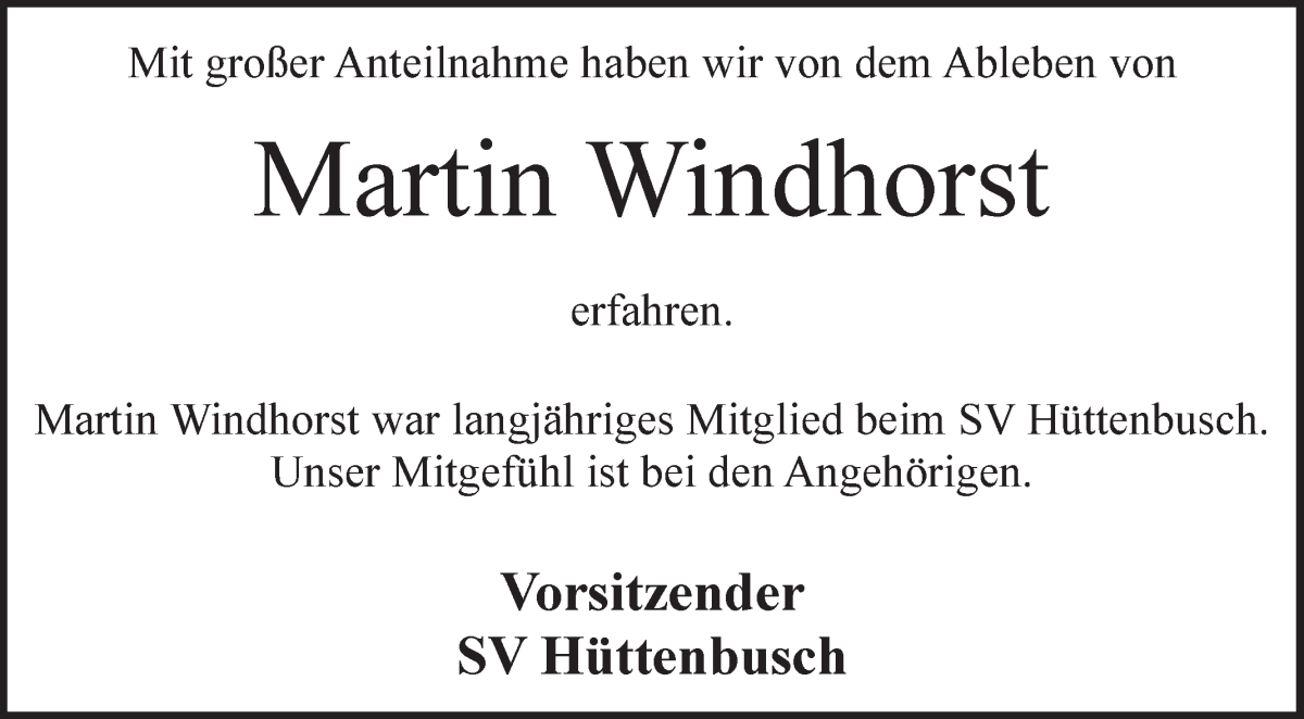 Traueranzeige von Martin Windhorst von Wuemme Zeitung