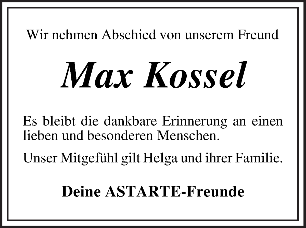 Traueranzeige von Max Kossel von WESER-KURIER
