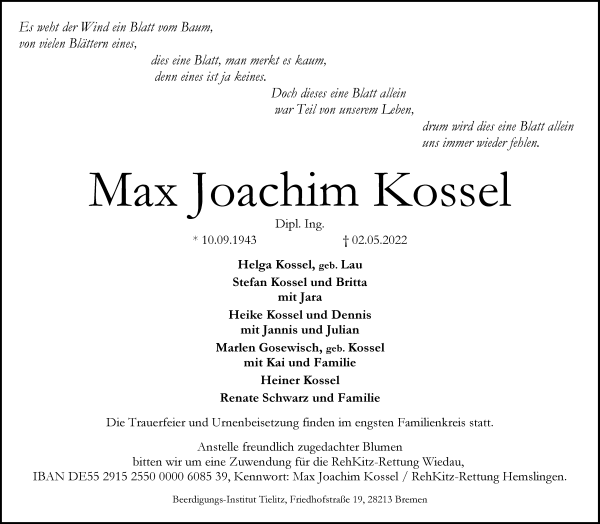 Traueranzeige von Max Joachim Kossel von WESER-KURIER