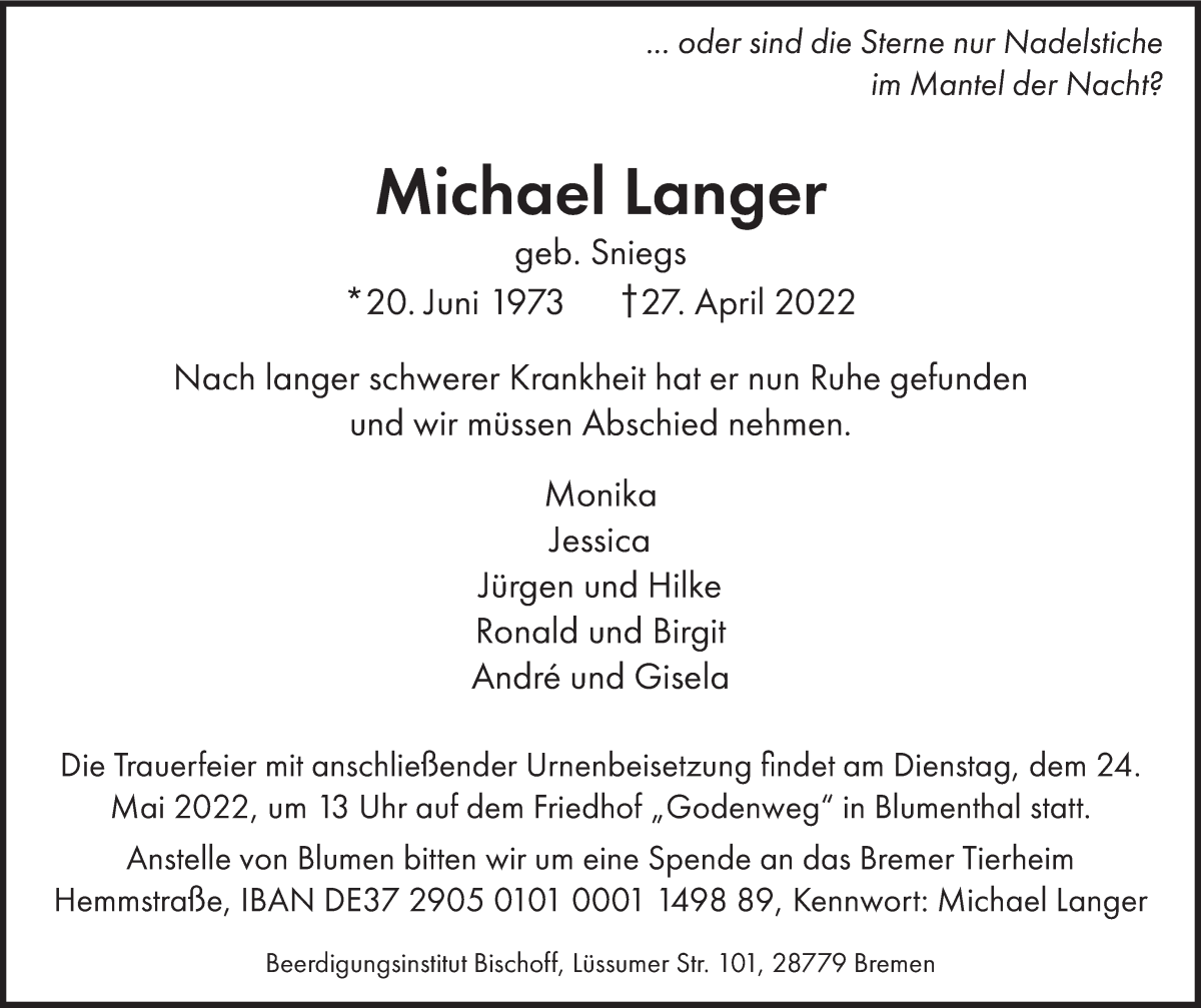  Traueranzeige für Michael Langer vom 18.05.2022 aus Die Norddeutsche