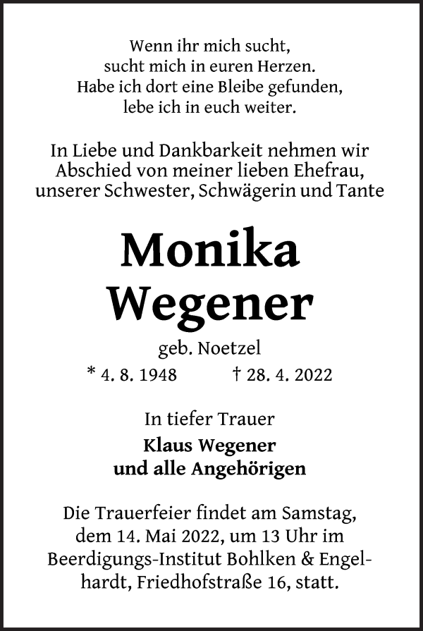 Traueranzeige von Monika Wegener von WESER-KURIER