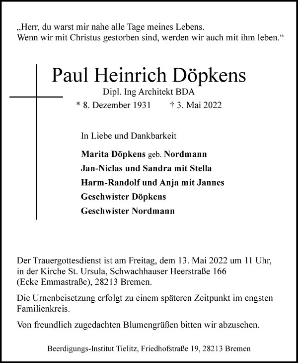Traueranzeige von Paul Heinrich Döpkens von WESER-KURIER