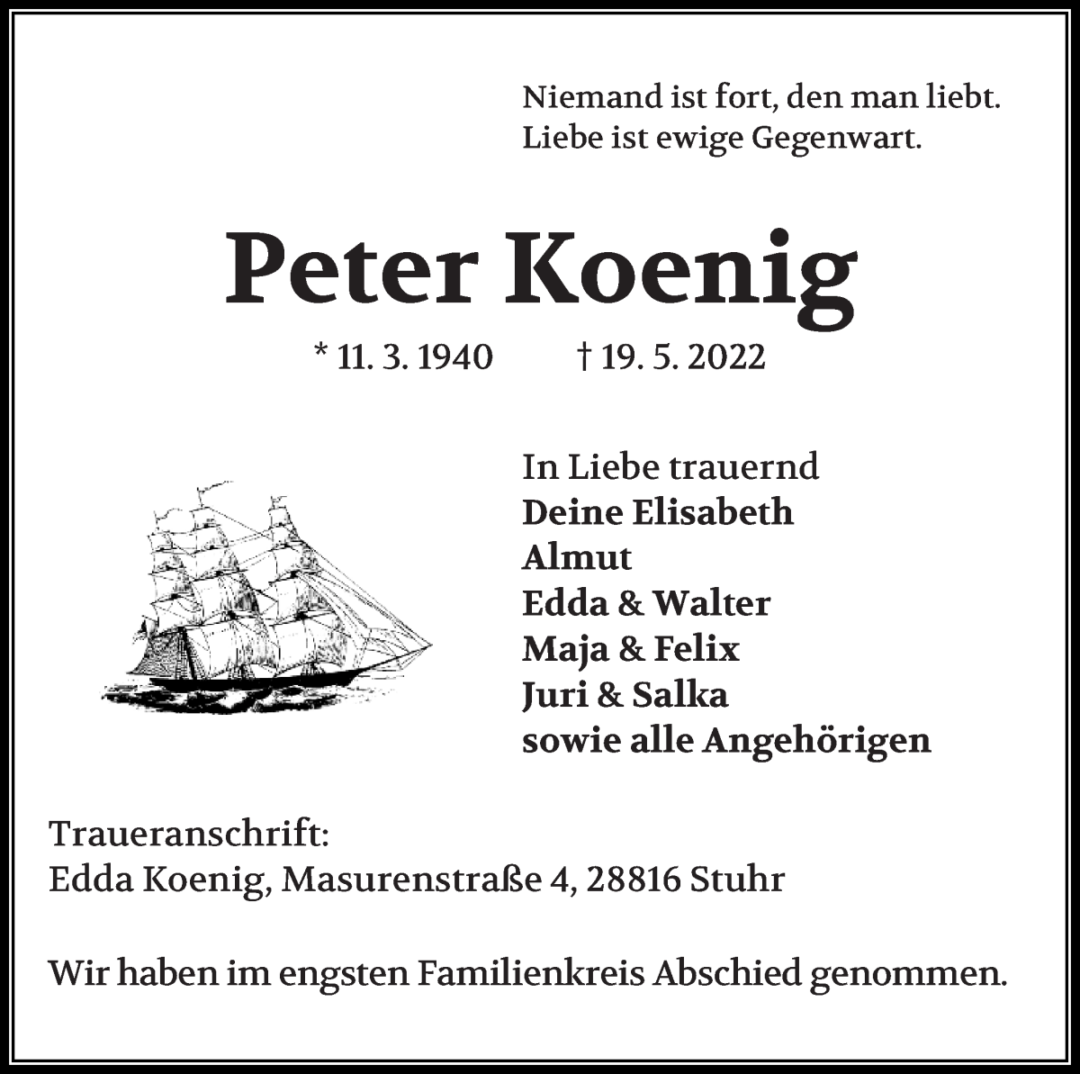  Traueranzeige für Peter Koenig vom 28.05.2022 aus WESER-KURIER