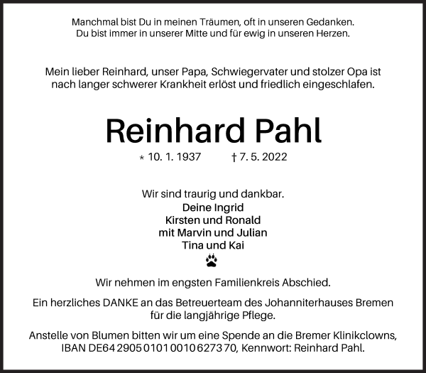 Traueranzeige von Reinhard Pahl von WESER-KURIER