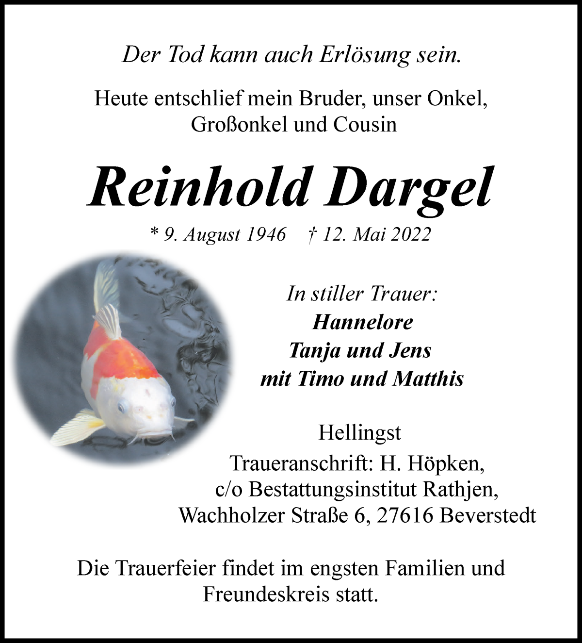  Traueranzeige für Reinhold Dargel vom 17.05.2022 aus Osterholzer Kreisblatt