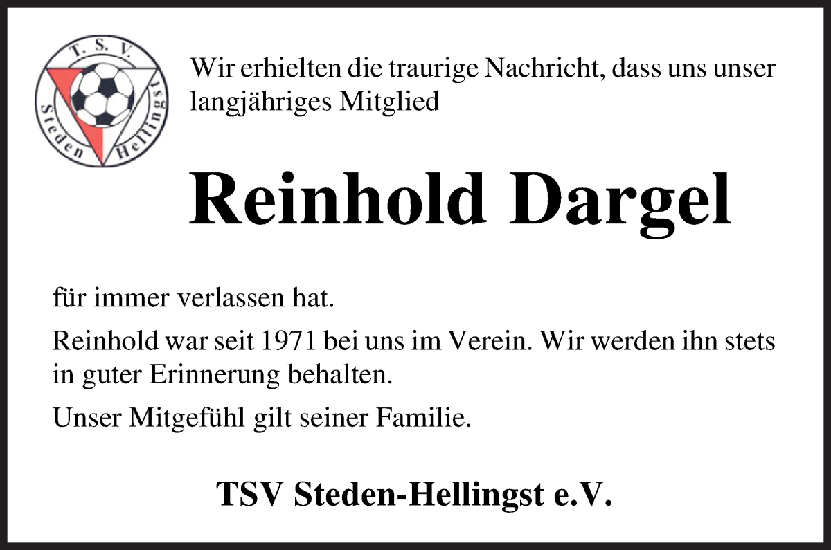  Traueranzeige für Reinhold Dargel vom 19.05.2022 aus Osterholzer Kreisblatt