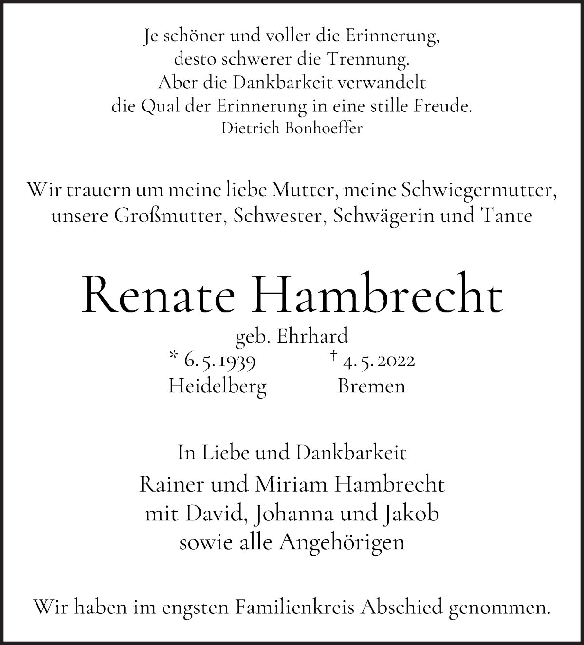  Traueranzeige für Renate Hambrecht vom 21.05.2022 aus WESER-KURIER