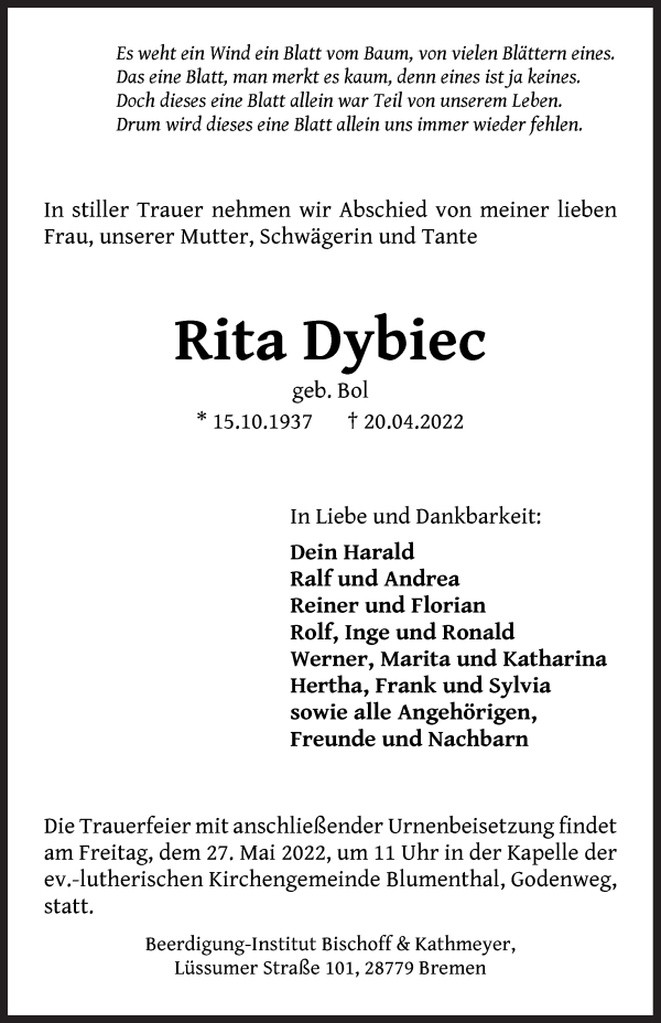 Traueranzeige von Rita Dybiec von Die Norddeutsche